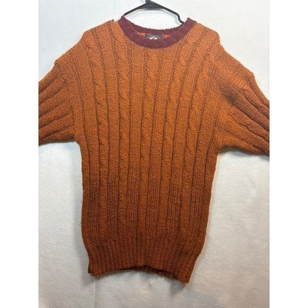 Vintage  Hand-Knit Cable Knit Sweater Orange & Red Unisex Size L 100%wool